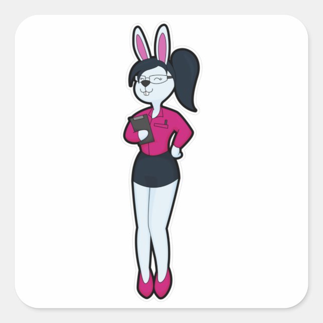 Adesivo Quadrado Coelho como secretário com Bloco de notas e óculos (Frente)