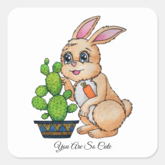 Adesivo Quadrado Coelho De Aquarela E Cactus Cuja Cactus