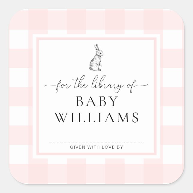 Adesivo Quadrado Coelho de Gingham Rosa Para a Biblioteca de Ex-Lib (Frente)