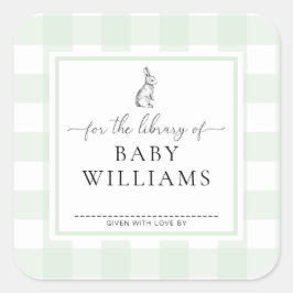 Adesivo Quadrado Coelho de Gingham Verde Para a Biblioteca de Ex-li