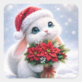 Adesivo Quadrado Coelho de Natal e Flores Feriados
