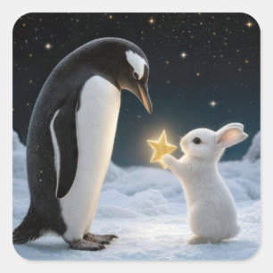 Adesivo Quadrado Coelho de Natal e Pinguim com Estrela de Neon