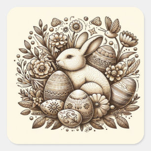 Adesivo Quadrado Coelho de Páscoa Vintage Flores & Ovos 1º Aniversá