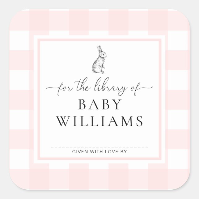 Adesivo Quadrado Coelho de Xadrez Rosa Para a Biblioteca de Ex Libr (Frente)