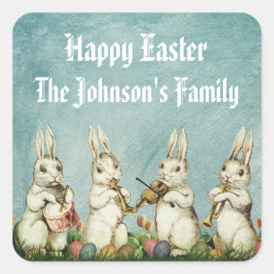 Adesivo Quadrado Coelho E Ovo De Páscoa Funny Azul-Teal Vintage