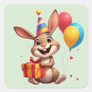 Adesivo Quadrado 🎁 Coelho Feliz Com Balões E Presente
