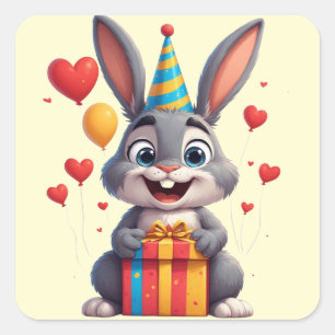 Adesivo Quadrado 🐇 Coelho Feliz de Aniversário Com Presente