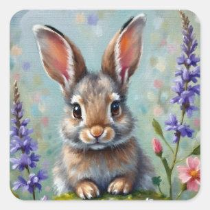 Adesivo Quadrado Coelho Fluffy num Campo de Flores