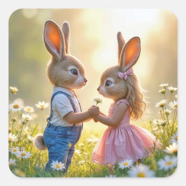 Adesivo Quadrado Coelho Romance em Campo de Margarida (Frente)