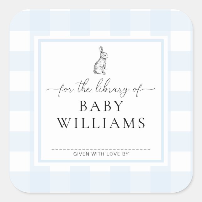 Adesivo Quadrado Coelho Xadrez Azul Para a Biblioteca de Ex-libris (Frente)