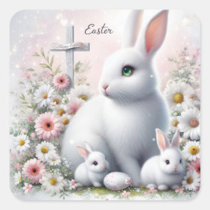 Adesivo Quadrado Coelhos da Páscoa, Margaridas e Cruz
