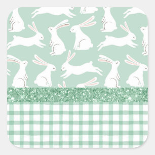 Adesivo Quadrado Coelhos Xadrez Gingham Verde Brilhante
