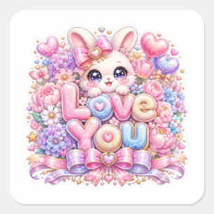 Adesivo Quadrado Coelhozinho Bunny Kawaii Fofinho Amor Rosa Pastel