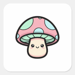 Adesivo Quadrado Cogumelo Sorridente – Ilustração Kawaii Fofa