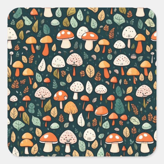 Adesivo Quadrado Cogumelos brancos folhas design (Frente)
