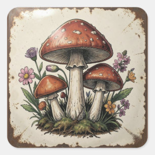 Adesivo Quadrado Cogumelos e Flores Retrô Vibrações Vintage