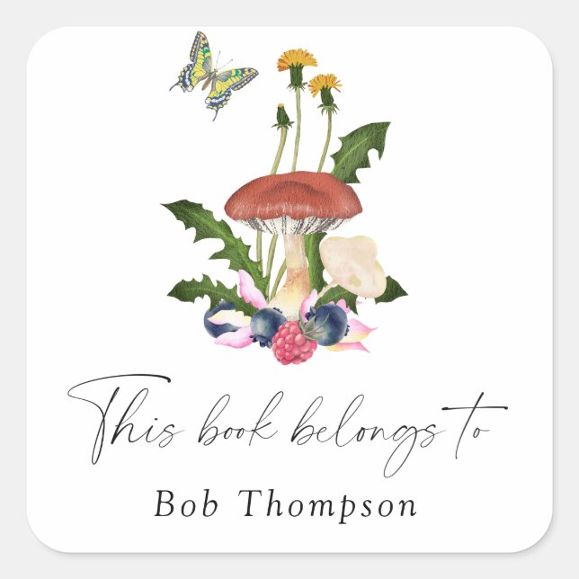 Adesivo Quadrado Cogumelos - este livro pertence a (Frente)