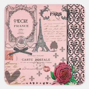Adesivo Quadrado Colagem cor-de-rosa de Paris do vintage