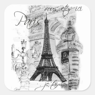 Adesivo Quadrado Colagem em Cena Francesa em Torre Eiffel de Paris