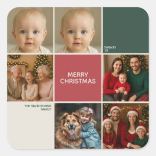 Adesivo Quadrado Colagem vermelha Sage bege moderno natal feliz