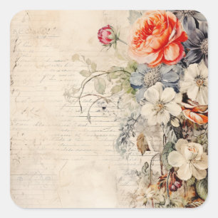 Adesivo Quadrado Colagem Vintage de Flores 1b 1 de 4