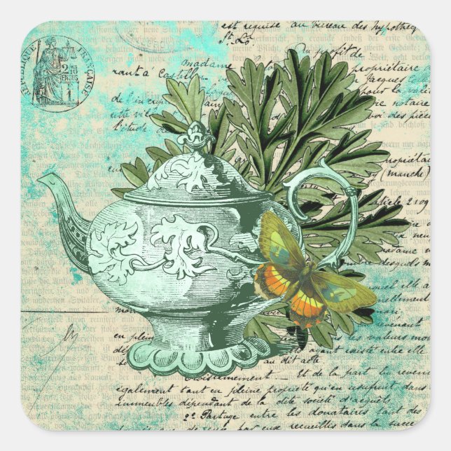 Adesivo Quadrado Colagem Vintage Teapot & Ephemera (Frente)