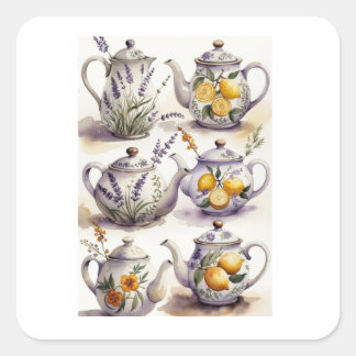 Adesivo Quadrado Coleção de Bule de Chá Lavanda & Limão Arte Aquare