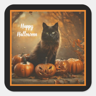 Adesivo Quadrado Coleção de Gatos Negros Felizes para Halloween