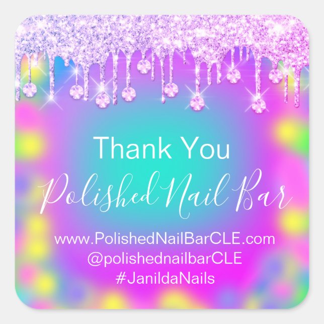 Adesivo Quadrado Coletor de Obrigado Holográfico Unhas Rosa Quente (Frente)