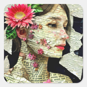 Adesivo Quadrado Collage Art Bonito Lady Typografia