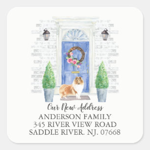 Adesivo Quadrado Collie Blue Door New Address Label Sticker