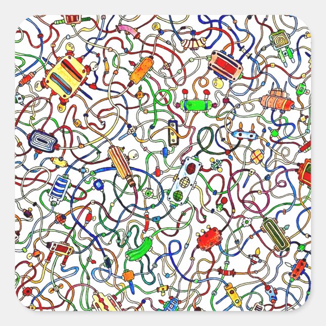 Adesivo Quadrado Color Tangled Electrical Wiring Cartoon (Frente)