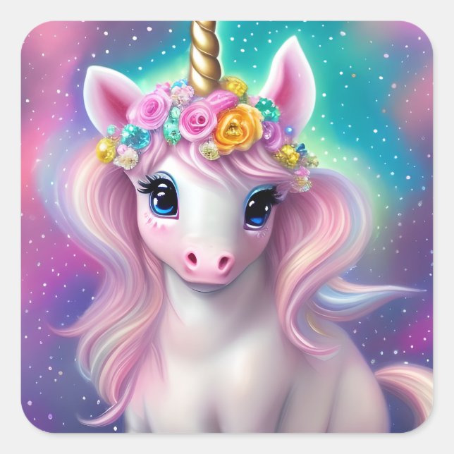 Adesivo Quadrado Colorful Fantasy Kawaii Unicorn (Frente)