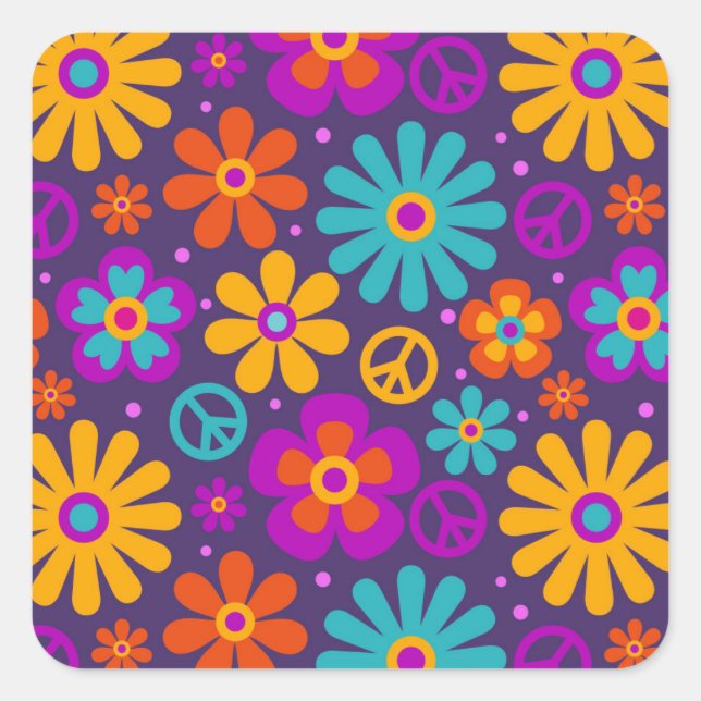 Adesivo Quadrado Colorful Flowers Peace Love Groovy Retro Hippie (Frente)