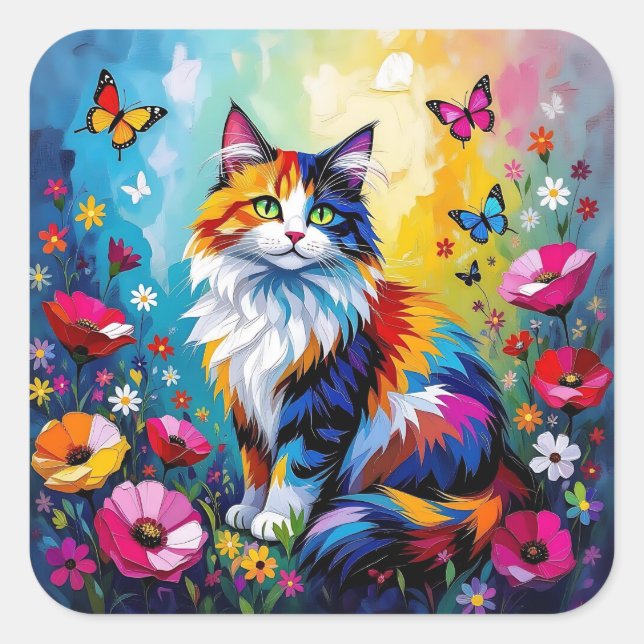 Adesivo Quadrado Colorful Impasto Cat, Flowers and Butterflies (Frente)