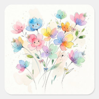 Adesivo Quadrado Colorful Kawaii Smiling Flowers Bunch