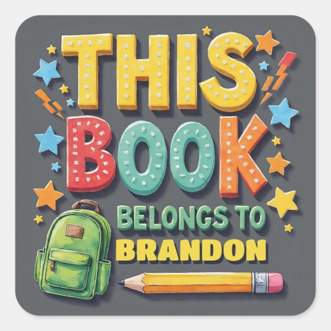 Adesivo Quadrado Colorful Playful Book Belong To Name Sticker (Frente)