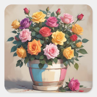 Adesivo Quadrado Colorful roses bouquet