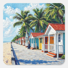 Adesivo Quadrado Colorful Tropical Vibrant Beach Huts
