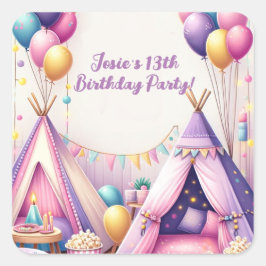 Adesivo Quadrado Colorida Charming Teepee Birthday Sleepover Party