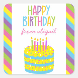 Adesivo Quadrado Colorida Feliz Bolo de Presente de Aniversário