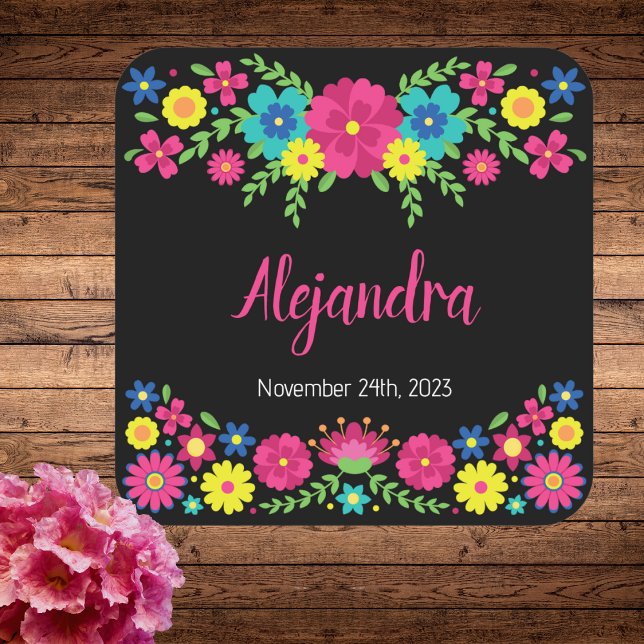 Adesivo Quadrado Colorida Quinceañera Flores mexicanas Papel Napkin (Criador carregado)