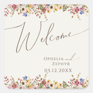Adesivo Quadrado Colorida Wildflower   Boige Meadow Wedding Welcome