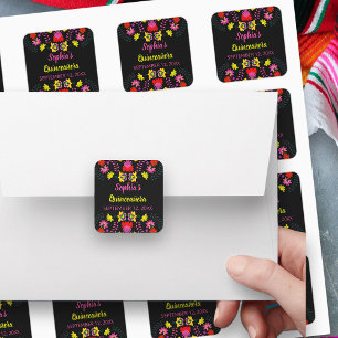 Adesivo Quadrado Colorido Mexicano Fiesta Party Flowers Black