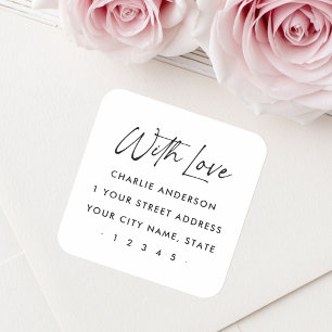 Adesivo Quadrado Com amor endereço de retorno em letra elegante