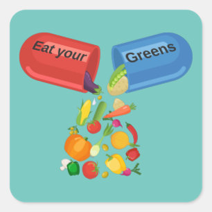 Adesivo Quadrado Coma Seus Verdes Veggie Pill Nutrition Saudável Co