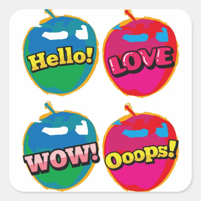 Adesivo Quadrado Comic Wow Hello Love Pink Apple Pop Art (Frente)