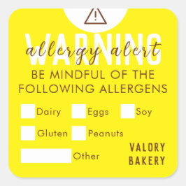 Adesivo Quadrado Comida de Bakery Alerta de Alergia Amarelo