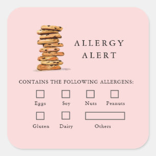 Adesivo Quadrado Comida de Cookie Segurança Alergia Alerta Rosa