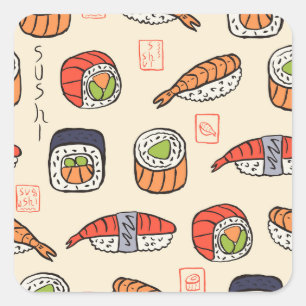 Adesivo Quadrado Comida sushi, design de padrão uniforme.